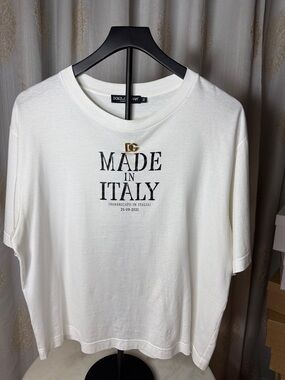 Dolce & Gabbana White 'Made in Italy' Logo Tee with Gold DG Accent